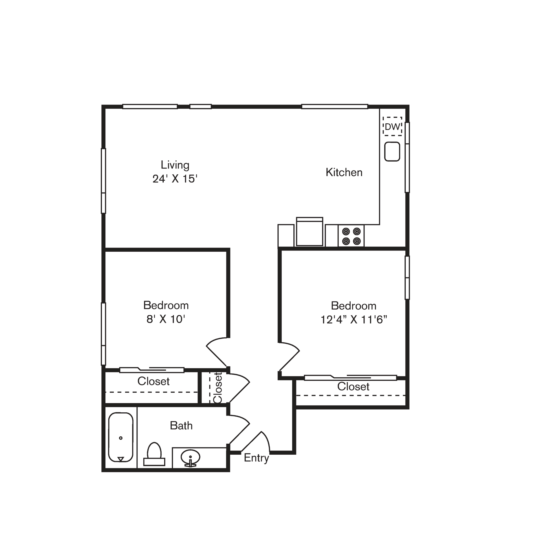 Floor plan for 2 beds, 1 bath, 792 sqft